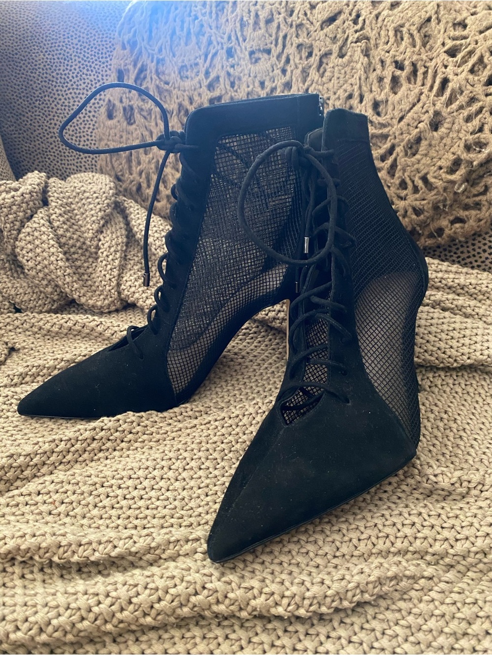 Zara black mesh lace up booties suede 9 NWT NEW